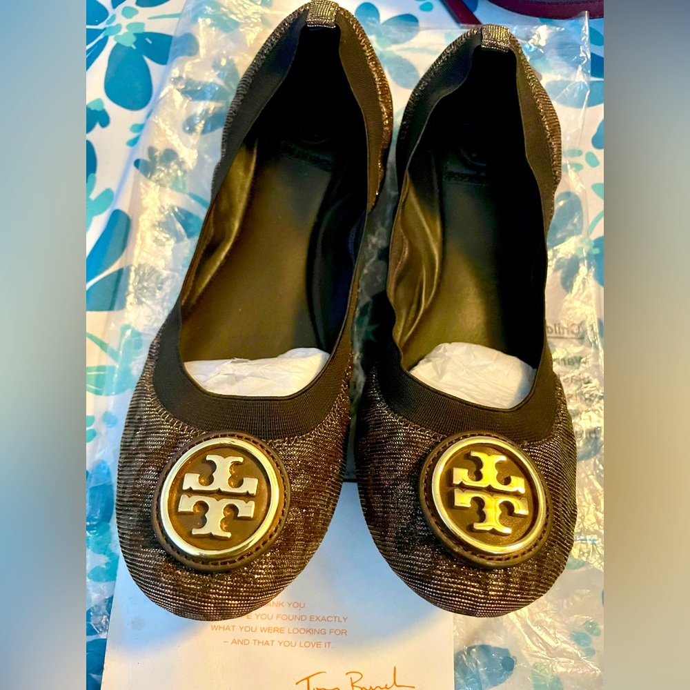 Tory Burch Caroline 2 Leopard Lurex Vegan Elastic Ballet Flat Women's Size 7.5M